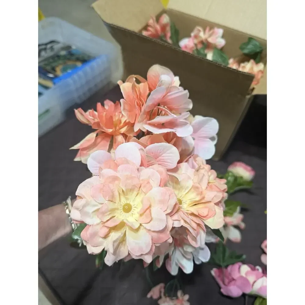 Large Lot / Box of Miscellaneous Artificial Silk Flowers - Bright Coral Shades